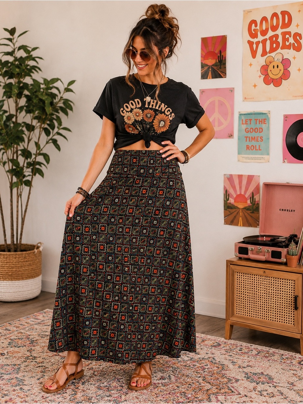 Vintage Geometric Square Print Maxi Dress XL Black Red Green Blue Short Sleeve